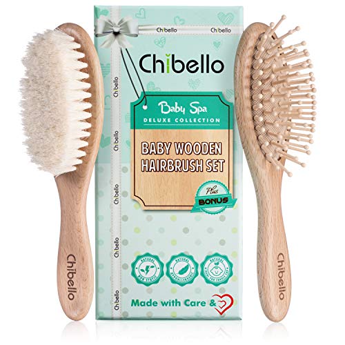 Chibello 4 pieza cepillo de pelo del bebé de madera y juego de peine | natural de cabra cepillo cerdas | madera cepillo de cerdas