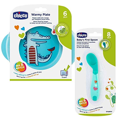 CHICCO beikost Start Juego de 3 Set infantil de iniciación Aprendizaje Juego platos térmica, calentadora esslern Cuchara acodado, vaso con Super Soft Silicona Pico 200 ml, sin BPA)