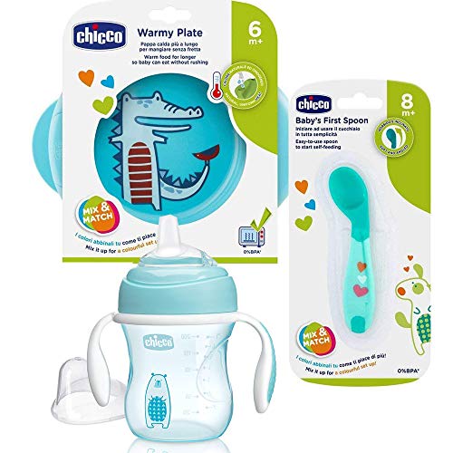 CHICCO beikost Start Juego de 3 Set infantil de iniciación Aprendizaje Juego platos térmica, calentadora esslern Cuchara acodado, vaso con Super Soft Silicona Pico 200 ml, sin BPA)