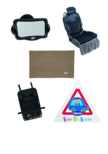 Chicco Kit de Viaje - Imprescindible para el Coche: Protector Asiento, Organizador, Espejo Retrovisor, Vinilo Ventana y Señal"Bebé a Bordo", Negro