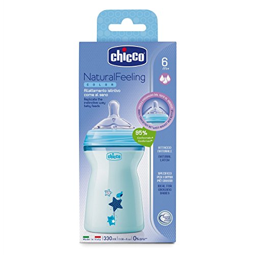 Chicco NaturalFeeling - Biberón con tetina especial para lactancia mixta, flujo rápido, 330 ml, 6 m+, azul