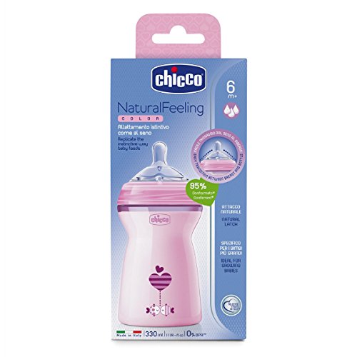 Chicco NaturalFeeling - Biberón con tetina especial para lactancia mixta, flujo rápido, 330 ml, 6 m+, rosa