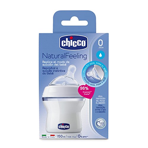 Chicco NaturalFeeling - Biberón con tetina inclinada anticólicos y flujo normal para bebé de 0m+, 150 ml