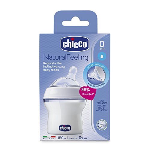 Chicco NaturalFeeling - Biberón con tetina inclinada anticólicos y flujo normal para bebé de 0m+, 150 ml