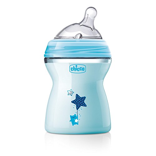 Chicco NaturalFeeling - Biberón con tetina inclinada especial para lactancia mixta, flujo medio, 250 ml, 2 m+, azul