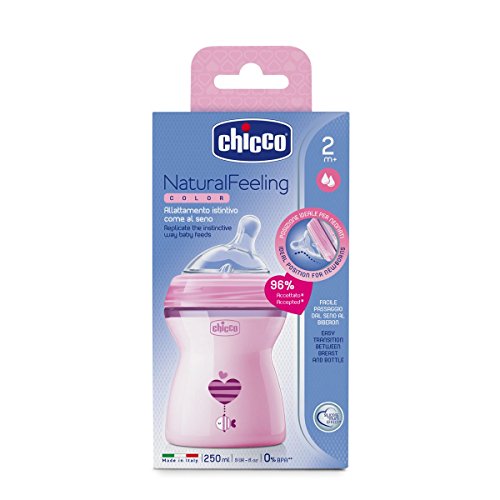 Chicco NaturalFeeling - Biberón con tetina inclinada especial para lactancia mixta, flujo medio, 250 ml, 2 m+, rosa