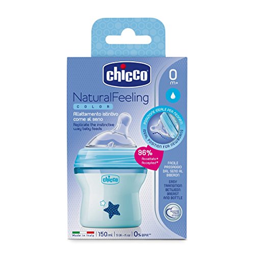 Chicco NaturalFeeling - Biberón con tetina inclinada especial para lactancia mixta, flujo normal, 150 ml, 0 m+, azul