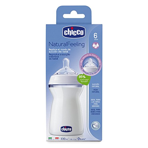 Chicco NaturalFeeling - Biberón con tetina redondeada anticólicos y flujo rápido para bebé de 6m+, 330 ml