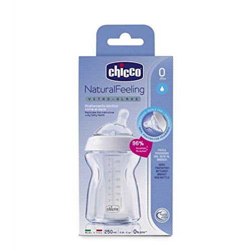 Chicco NaturalFeeling - Biberón de vidrio con tetina redondeada anti cólicos flujo normal, 250ml, 0m+