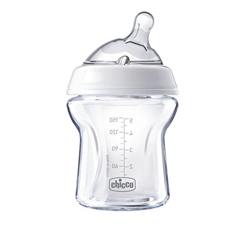 Chicco NaturalFeeling - Biberón de vidrio flujo normal con tetina redondeada anti cólicos, 150ml, 0m+