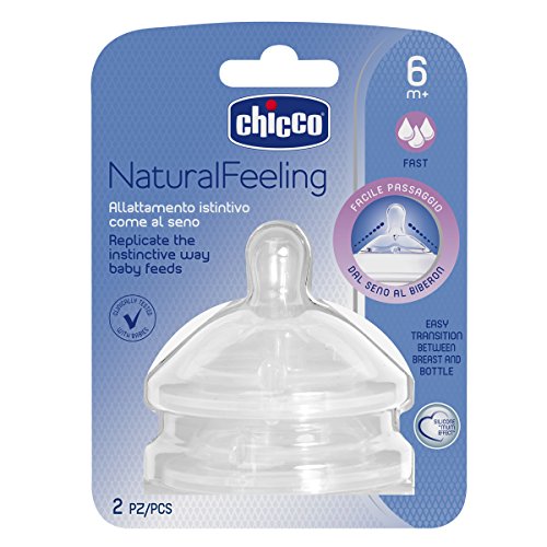 Chicco NaturalFeeling - Tetina inclinada de silicona con flujo rápido para bebé de 6 meses en adelante, 2 unidades