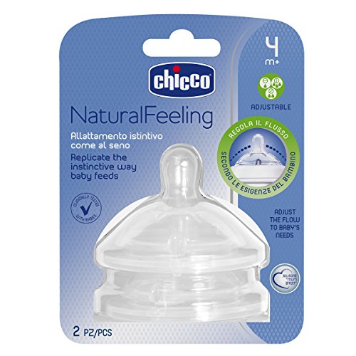 Chicco NaturalFeeling - Tetina inclinada de silicona con flujo regulable para bebé de 4 meses en adelante, 2 unidades