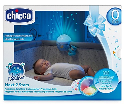 Chicco Next2Stars - Proyector con efecto de luces, estrellas y melodías para cunas y mesilla, color azul