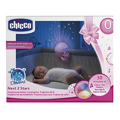 Chicco Next2Stars - Proyector con efecto de luces, estrellas y melodías para cunas y mesilla, color rosa