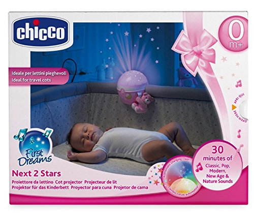 Chicco Next2Stars - Proyector con efecto de luces, estrellas y melodías para cunas y mesilla, color rosa