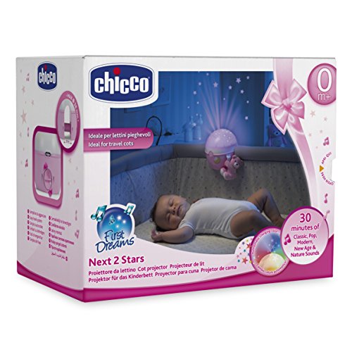 Chicco Next2Stars - Proyector con efecto de luces, estrellas y melodías para cunas y mesilla, color rosa