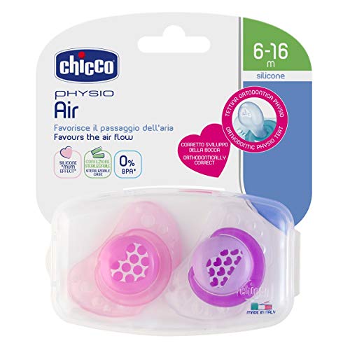 Chicco Physio Air - Pack de 2 chupetes de silicona para 6-16 meses, modelos aleatorios, color rosa