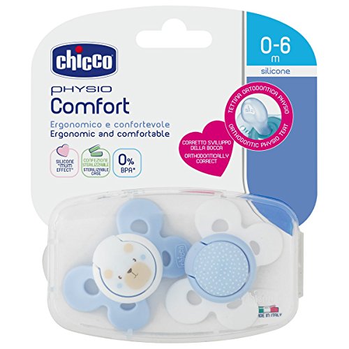 Chicco Physio Comfort - Pack de 2 chupetes de silicona 0-6 m, color azul (diseños surtidos)