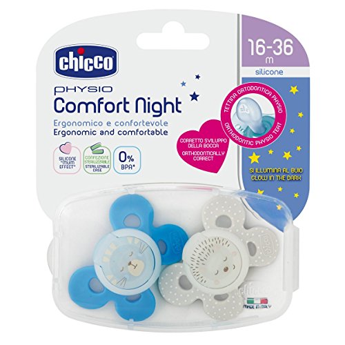 Chicco Physio Comfort - Pack de 2 chupetes de silicona 16-36 m, color azul (diseños surtidos)