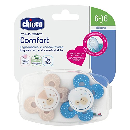 Chicco Physio Comfort - Pack de 2 chupetes de silicona 6-16 m, color azul (diseños surtidos)