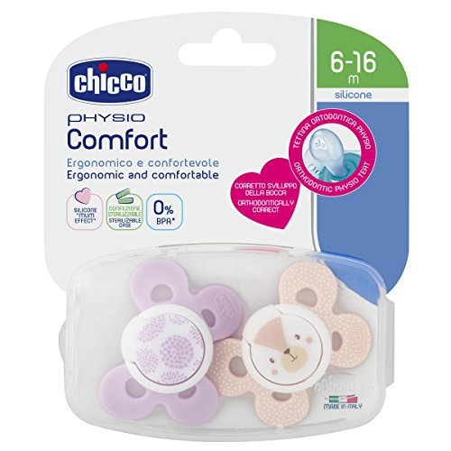 Chicco Physio Comfort - Pack de 2 chupetes de silicona 6-16 m, color rosa (diseños surtidos)