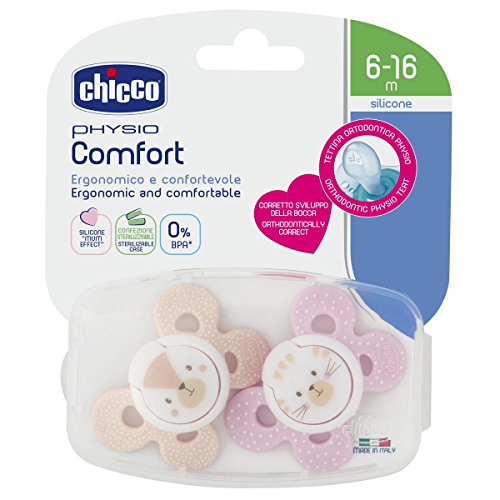 Chicco Physio Comfort - Pack de 2 chupetes de silicona 6-16 m, color rosa (diseños surtidos)