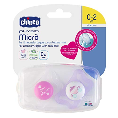 Chicco Physio Micrò - Pack de dos chupetes de silicona recién nacido 0-2 meses, modelos aleatorios, color rosa