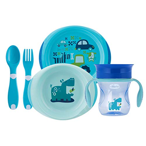 Chicco - Set completo comida, incluye platos + cubiertos + vaso, 12 m+, azul