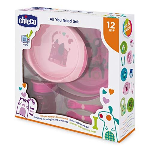 Chicco - Set completo comida, incluye platos + cubiertos + vaso, 12 m+, rosa