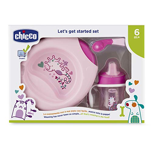 Chicco - Set vajilla comida completo, incluye plato + cubiertos + vaso, ideal bebés, 6 m+, color rosa