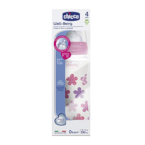 Chicco Wellbeing - Biberón antcólicos con tetina de silicona y flujo rápido para bebé 4m+, 330 ml, color rosa