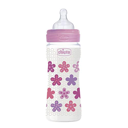 Chicco Wellbeing - Biberón antcólicos con tetina de silicona y flujo rápido para bebé 4m+, 330 ml, color rosa