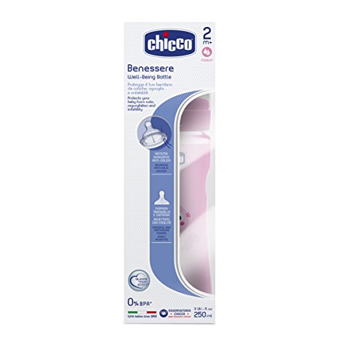 Chicco Wellbeing - Biberón con tetina de silicona y flujo medio para bebé de 2m+, 250 ml, color rosa