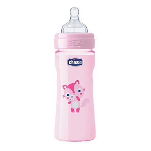 Chicco Wellbeing - Biberón con tetina de silicona y flujo medio para bebé de 2m+, 250 ml, color rosa