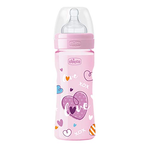 Chicco Wellbeing - Biberón con tetina de silicona y flujo medio para bebé de 2m+, 250 ml, color rosa