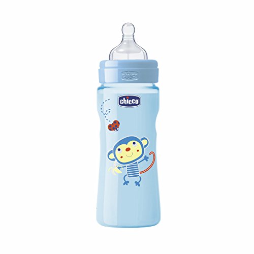 Chicco Wellbeing - Biberón con tetina de silicona y flujo rápido para bebé de 4 meses en adelante, 330 ml, color azul, 1 unidad, modelo surtido