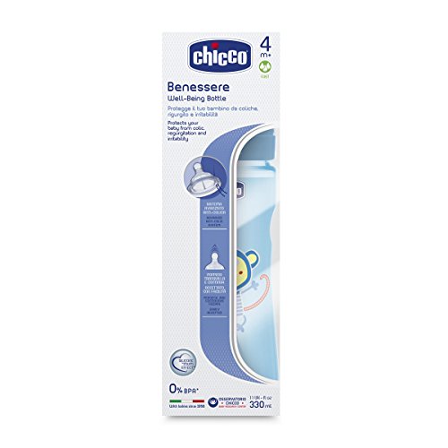 Chicco Wellbeing - Biberón con tetina de silicona y flujo rápido para bebé de 4 meses en adelante, 330 ml, color azul, 1 unidad, modelo surtido