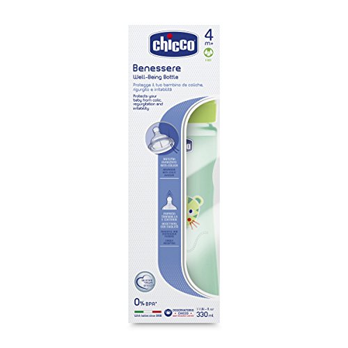 Chicco Wellbeing - Biberón con tetina de silicona y flujo rápido para bebé de 4 meses en adelante, 330 ml, color verde, 1 unidad, modelo surtido