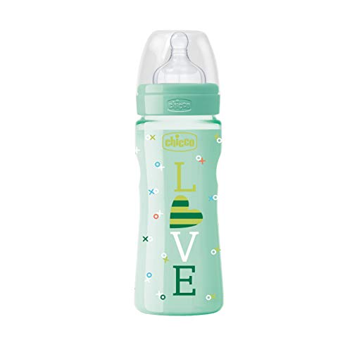 Chicco Wellbeing - Biberón con tetina de silicona y flujo rápido para bebé de 4 meses en adelante, 330 ml, color verde, 1 unidad, modelo surtido