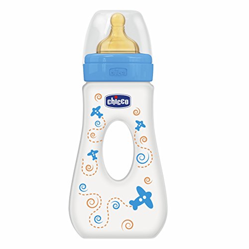 Chicco Wellbeing - Biberón de paseo con tetina de látex y flujo rápido para bebé de 4 meses en adelante, 240 ml, color azul