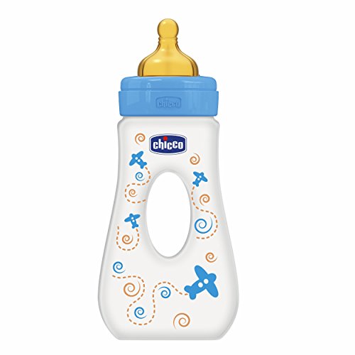 Chicco Wellbeing - Biberón de paseo con tetina de látex y flujo rápido para bebé de 4 meses en adelante, 240 ml, color azul