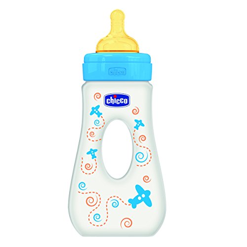 Chicco Wellbeing - Biberón de paseo con tetina de látex y flujo rápido para bebé de 4 meses en adelante, 240 ml, color azul