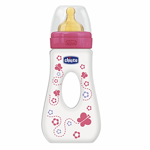 Chicco Wellbeing - Biberón de paseo con tetina de látex y flujo rápido para bebé de 4 meses en adelante, 240 ml, rosa