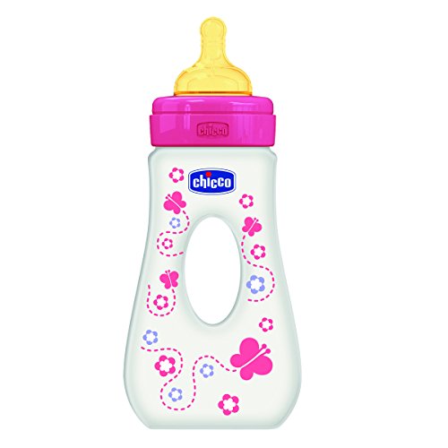 Chicco Wellbeing - Biberón de paseo con tetina de látex y flujo rápido para bebé de 4 meses en adelante, 240 ml, rosa