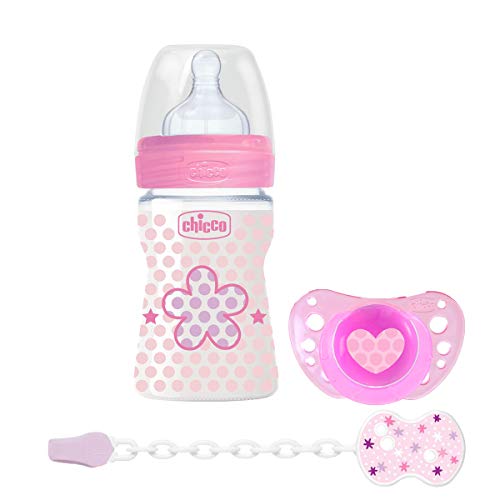 Chicco Wellbeing - Set de regalo con biberón, chupete y clip de silicona, color rosa