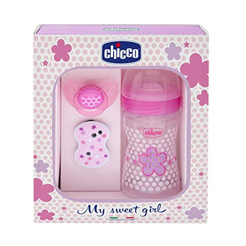 Chicco Wellbeing - Set de regalo con biberón, chupete y clip de silicona, color rosa