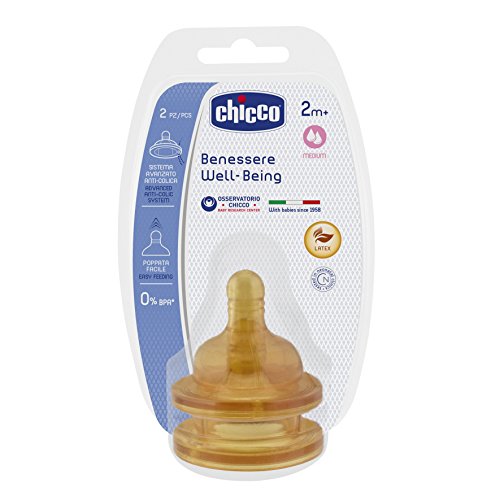 Chicco Wellbeing - Tetina de látex anticólicos con flujo medio para bebé de 2 meses en adelante, 2 unidades