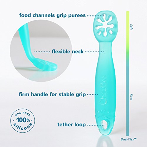 ChooMee FlexiDip Baby Starter Spoon | Platinum Silicone | First Stage Teething Friendly Learning Utensil | 2 CT | Aqua Green