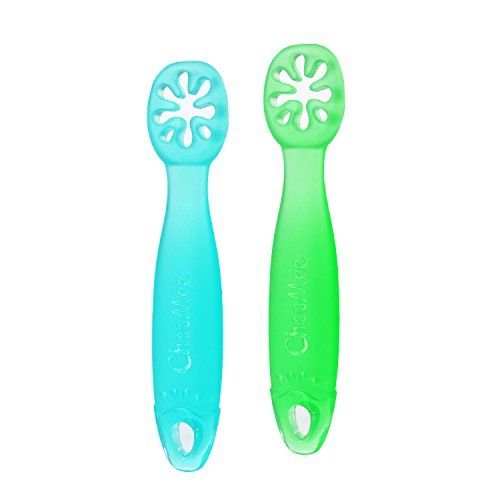 ChooMee FlexiDip Baby Starter Spoon | Platinum Silicone | First Stage Teething Friendly Learning Utensil | 2 CT | Aqua Green