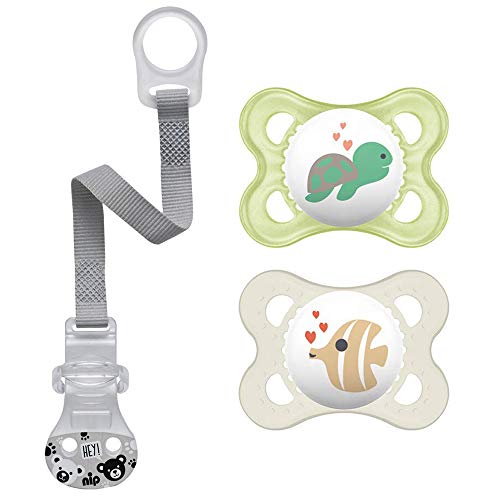 Chupete de silicona "Skin Soft" de MAM, 0-6 meses, neutral, set de 2, incluye caja de transporte para esterilización y correa con clip